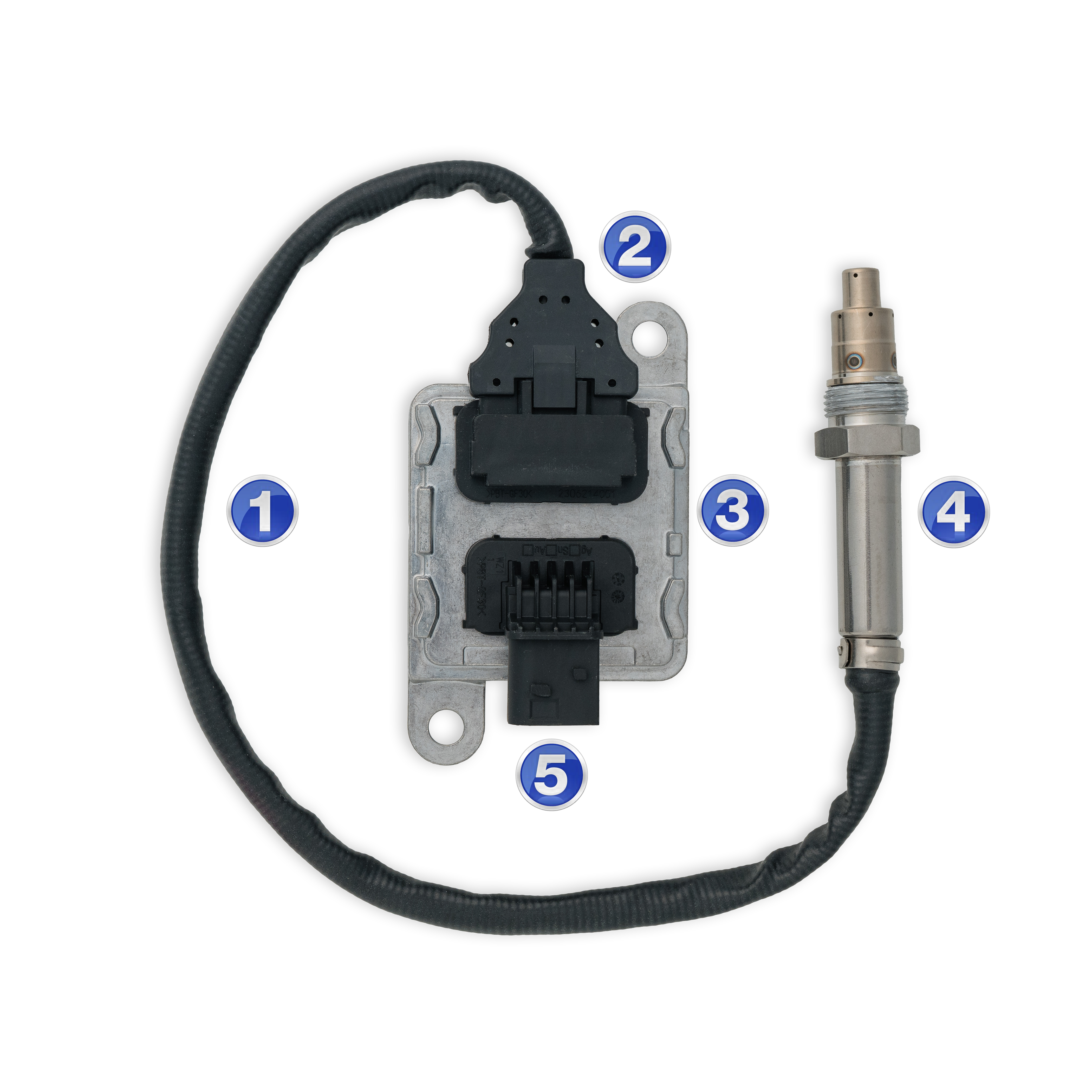 A photo of Skyline NOx sensor ANX114 with numbers 1 to 5 to mark elements of the sensor (harness, connectors, sensor head, electronic module)